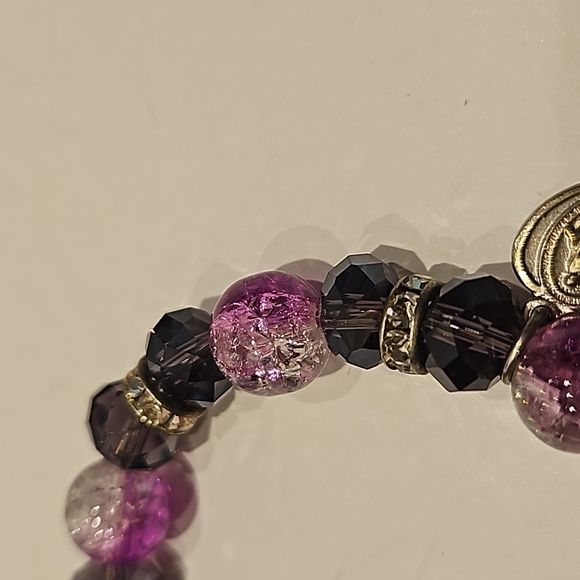 SMOKE CRYSTAL, GLASS BEADS & Rhinestone Rondells w ITALY Cross & Heart Bracelet - Picture 2 of 5
